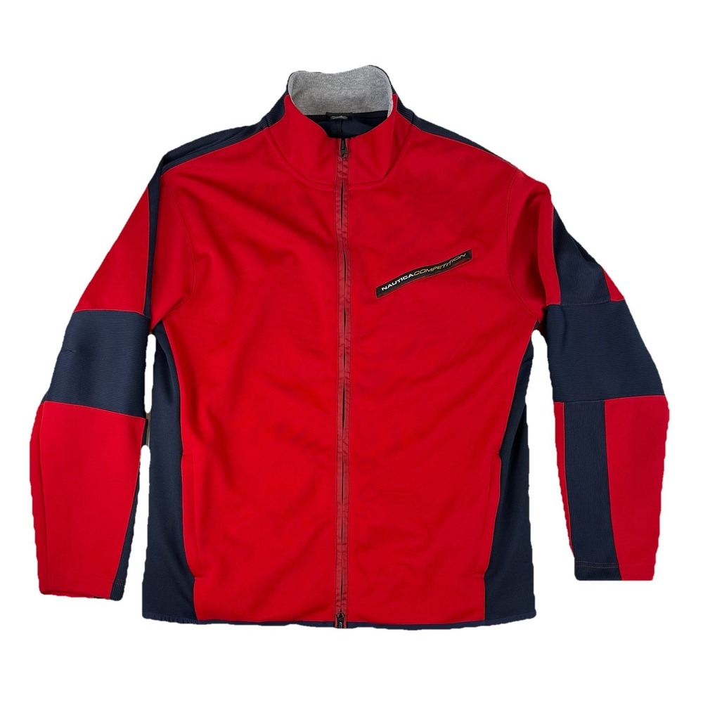 Nautica Competition Jacket Mens Large Red Blue Full Zip Track Sweater Bomber USA